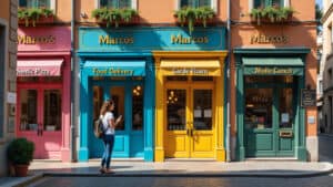 a street scene with 4 shops owned by one company showing concept of circular investment cycles