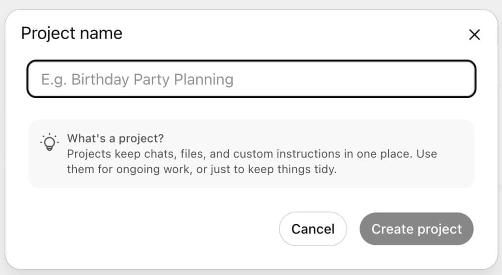 the current interface to create a project inchatgpt with box to enter a name and svae button