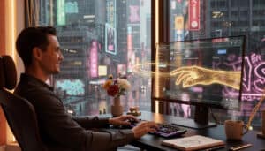 comet email agents - Serene professional watches glowing ethereal hand automate email tasks on modern glass monitor in luxury home office with golden sunlight.