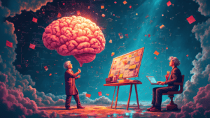 A bright and optimistic illustration of a person surrounded by swirling clouds of code and mathematical equations, with a large, glowing brain in the center, symbolizing the fusion of human intelligence and ai.