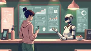 a slightly confused and overwhelmed customer at a counter trying to order food that is based on ai recommendations - ai gentle singularity