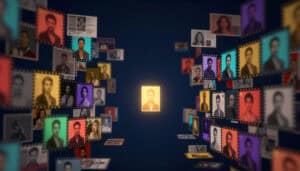 AI-generated social media authenticity proof visualization: perfect golden post centered in dark space surrounded by chaotic colorful timeline of contradictory posts showing human growth, change, and evolution over years versus single moment fabrication