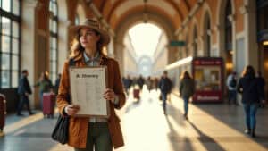 a traveller in a train station with an ai generated ai itinerary but without own inspirations