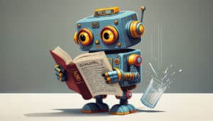 **Image prompt:** Cartoon robot confidently reading a dictionary while standing next to a falling glass, completely oblivious. Bright pop-art colors, bold outlines, graphic design style.