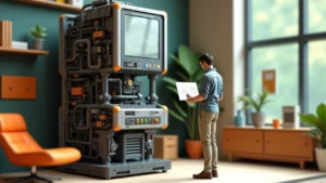 a man standing in front of a huge machine representing the complex task of prompt engineering vs simple natural communication
