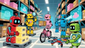 comic book cover in Jack Kirby meets Adventure Time style: 15+ cheerful robots (no weapons, no military gear) performing SPECIFIC WAREHOUSE TASKS