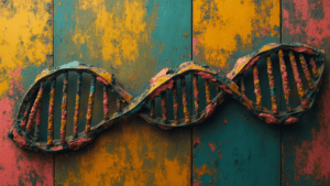 complex learning - a dna molecule in cubic style and green, yellow, pink color pattern.