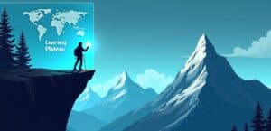 a person reaching and standing on a plateau looking over a valley seeing summits. newsletter