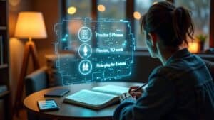 a person sitting in front of a holographic screen creating a study plan.