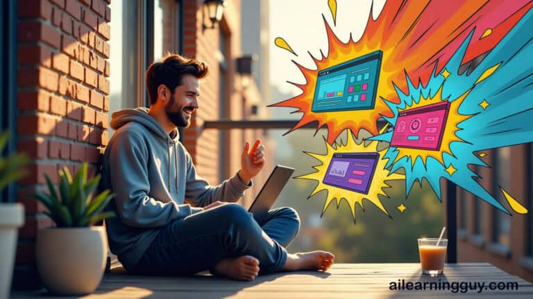 Person doing vibe coding, cross-legged on sunny apartment balcony, laptop open, playful app interfaces, vibrant comic colors, strong sunlight, cozy creative mood, cracked wood, weathered brick wall, succulent, iced coffee, magical modern comic style.