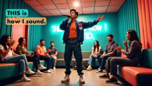 A karaoke singer with its own voice representing the concept of VOICE generation in chatgpt. create content in your own voice