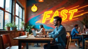 a male person sitting in a cafe using chatgpt and ai to build custom Wordpress apps and plugins