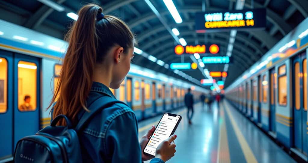 A student at a train station with signs in multiple languages, each leading to a different cultural “destination.