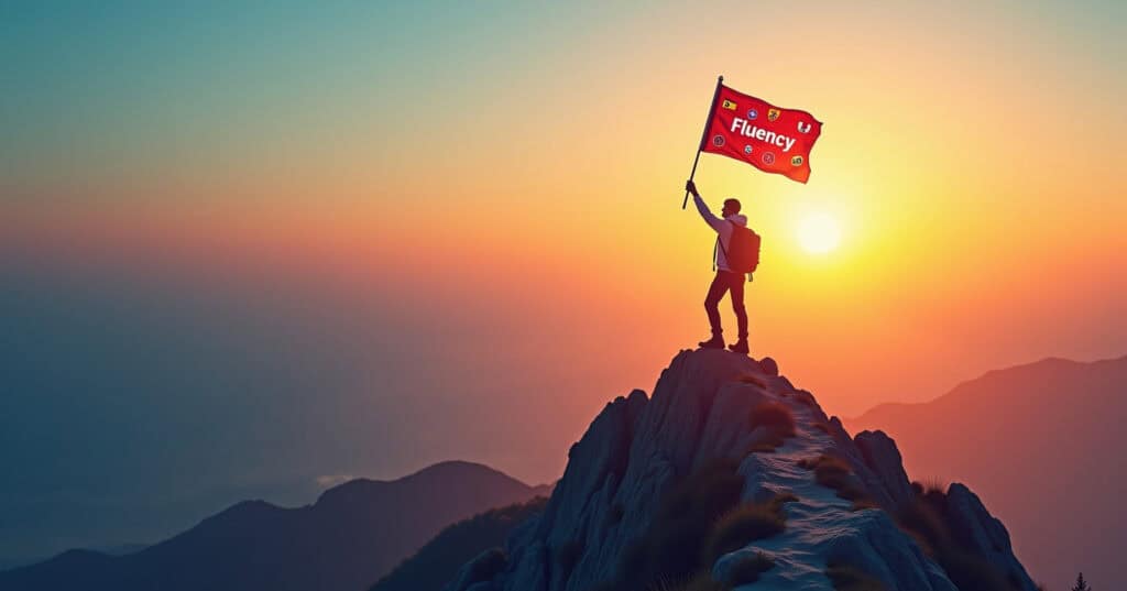 An excited traveler reaches the top of a mountain labeled “Fluency,” waving a flag with different language icons (Spanish, Italian, French) and cultural symbols. 