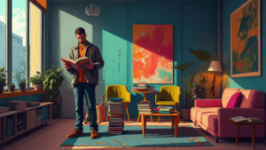 man standing in a room speed reading a book. ai learning guy newsletter