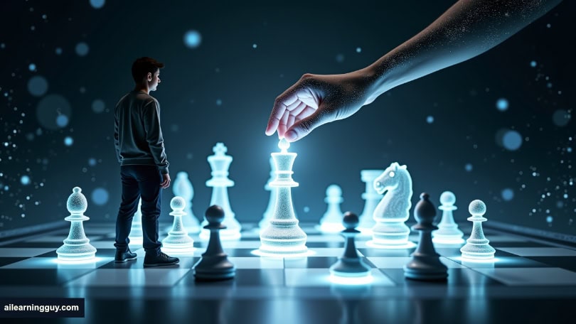 “Strategic Reasoning” where a person is standing at a large, floating chessboard made of light, with chess pieces representing different concepts and arguments.
