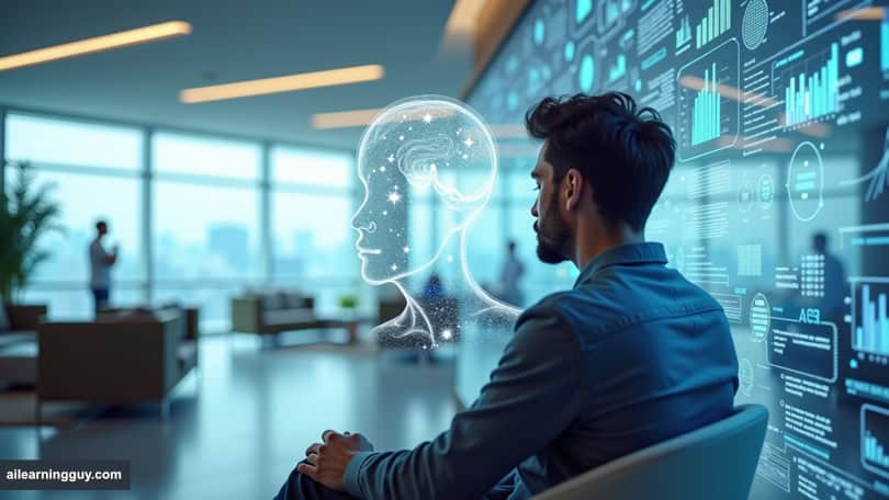 “AI-Enhanced Thinking” where a person is seated in a high-tech lounge, surrounded by floating holographic data and patterns.