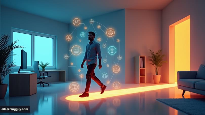 “Seamless Integration” where a person is walking through different environments—a corporate boardroom, a research lab, and a living room—each smoothly transitioning into the next, connected by a glowing AI pathway underfoot.